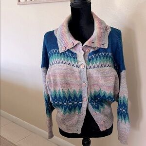Benetton VTG Italy wool cardigan button sweater fair isle multi color sz44 M-L